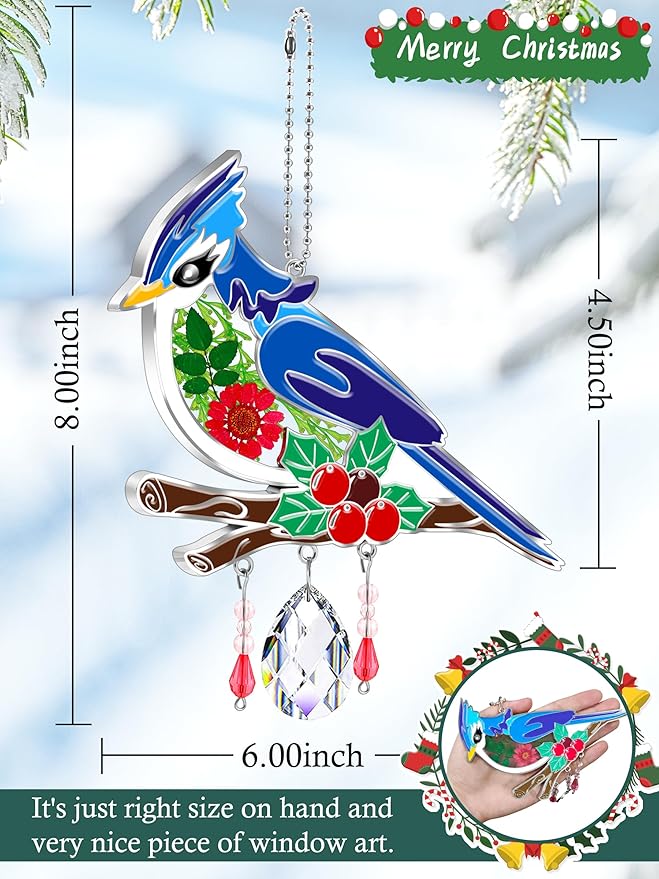 KY&BOSAM Crystal Blue Bird Suncatcher Handmade Bird Sun Catcher for Windows with Real Dried and Pressed Flowers Heart Charm Engraved with Crystal Gifts for Mom Mother`s Day Birthday