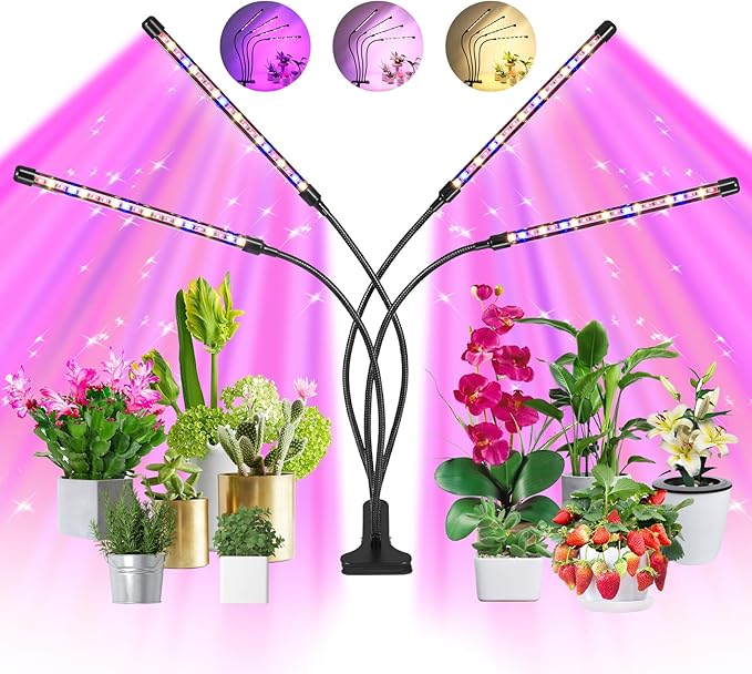Indoor Plant Grow Light, 80 LED Black 4-Tube Lamp with Full Spectrum Red/Blue/Yellow, 6/12/16H Timer, 10-Level Dimmable, Flexible Gooseneck, 3 Spectral Modes