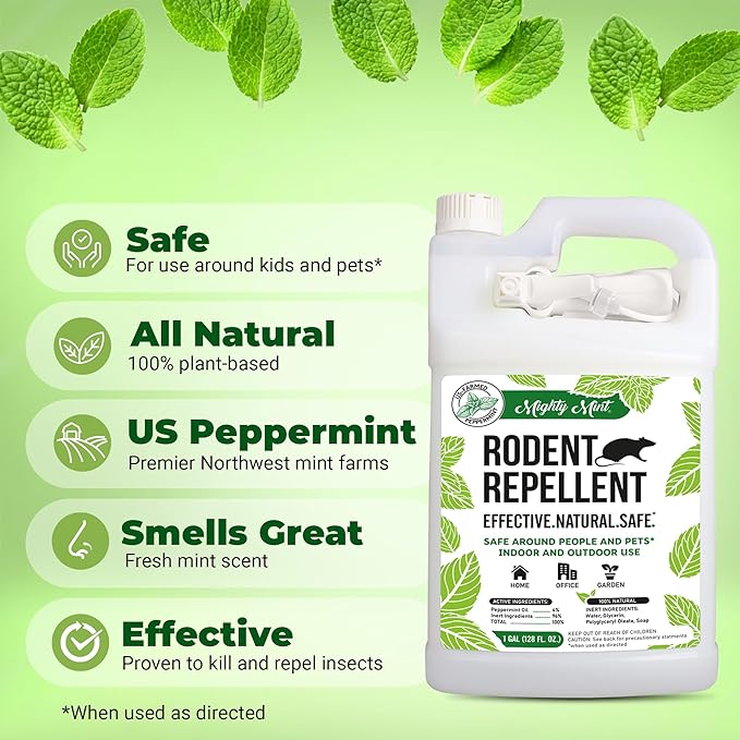Mighty Mint Peppermint Oil Rodent Repellent Spray with Microfiber Cloth – Natural Indoor & Outdoor Control for Mice and Rats – Plant-Based, Extra-Strong Formula - 1 Gallon (128 oz)