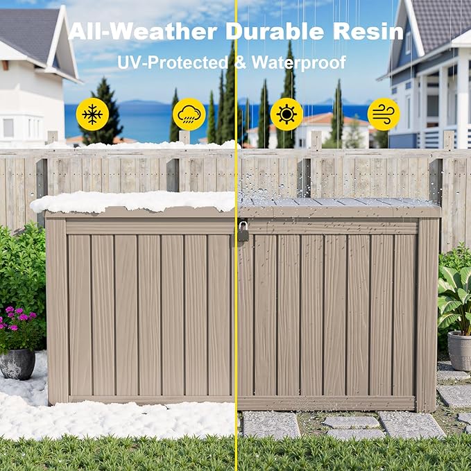 150 Gallon Resin Outdoor Deck Box Waterproof Patio Furniture, Garden Tools, Cushions, Pool Accessories Outside Storage Box (150 Gallon,Grey)