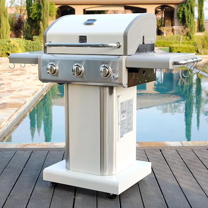Kenmore 3-Burner Propane BBQ Grill, 30,000 BTUs Gas Grill with Cast Iron Cooking Grates, Folding Side Tables & Wheels, Outdoor Grill with Tool Hooks, Pearl White + Bonus Cover
