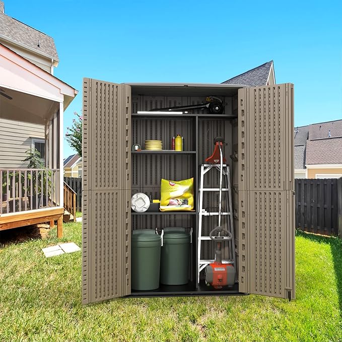 HOMSPARK Storage Shed Weather Resistance, Multi-Purpose Outdoor Storage Cabinet for Backyards and Patios, Horizontal Storage Shed for Lawnmower, Patio Accessories (Coffee, Tall - 53 cu.ft)