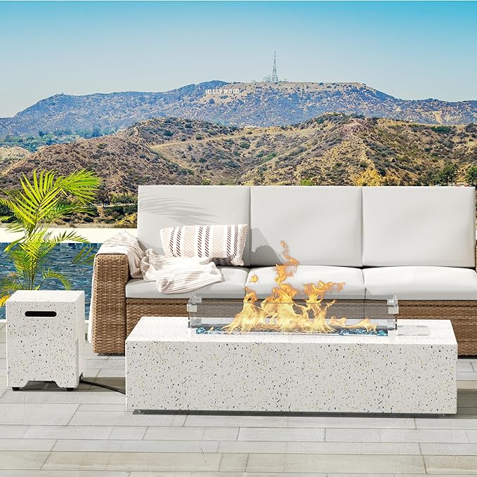 NAGA HABNA 56 Inch Propane Fire Pit Table, Rectangle Outdoor Fire Table w Tank Table (50,000 BTU), 3 Piece Gas Fire Pit w Glass Wind Guard and Blue Fire Glass for Garden, Pool, Backyard