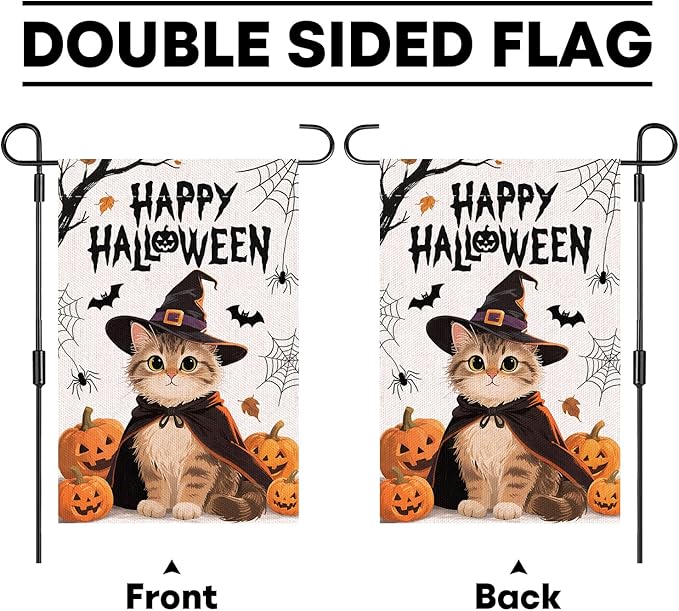 Happy Halloween Small Garden Flag, 12x18 Inch Pumpkin Cat Halloween Party Supplies, Outdoor Linen Double-Sided Yard Funny Flags Decoration