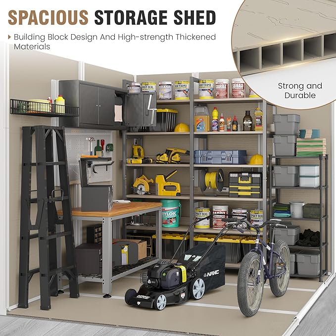 Outdoor Storage Shed, 8x6 FT Resin Shed with Floor Included and Lockable Door, Window & Vents, Tool Sheds, Outdoor Storage for Bike, Garden Accessories, Tools, Waterproof (Light Brown)