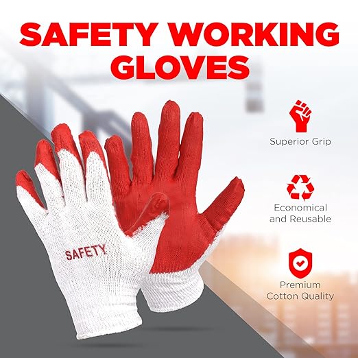 SAFETY Non-Slip 10 Pairs Red Latex Cotton Multi-Purpose Work Gloves- Nitrile Dipped & Rubber Palm Coated for a Firm Grip- Heavy Duty Premium-Construction-Moving-Warehouse-Garden-Gloves