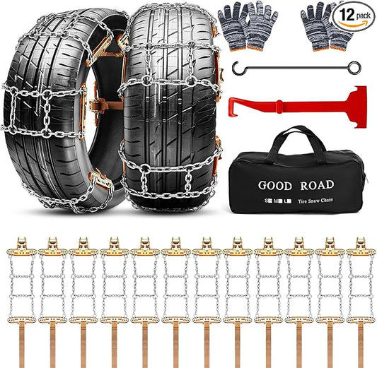 12 Pack Adjustable Snow Tire Chains for Tire Width 215-285 mm SUV Truck Pickup, Quick Fit Easy Installation, Thickened Car Non Skid Car Chains (Double Chain Style)