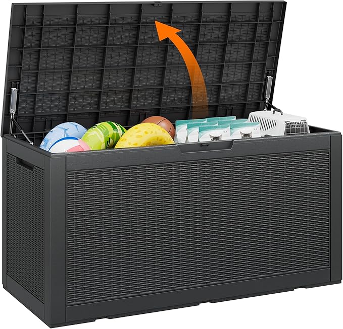 100 Gallon Resin Deck Storage Boxes Outdoor Waterproof, Lockable Outdoor Storage Container for Patio Cushions, Garden Tools, Pool Accessories, Black