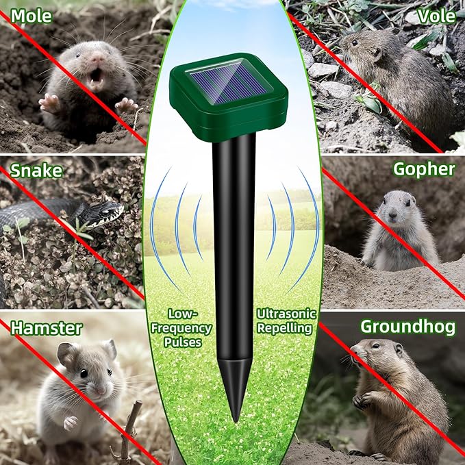 8Pack Mole Repellent Solar Powered, Waterproof Ultrasonic Mole Repellent Stakes Outdoor to Deterrent Gopher, Chipmunk, Squirrel, Vole, Snake, Armadillo, Groundhog Out of Lawn & Garden