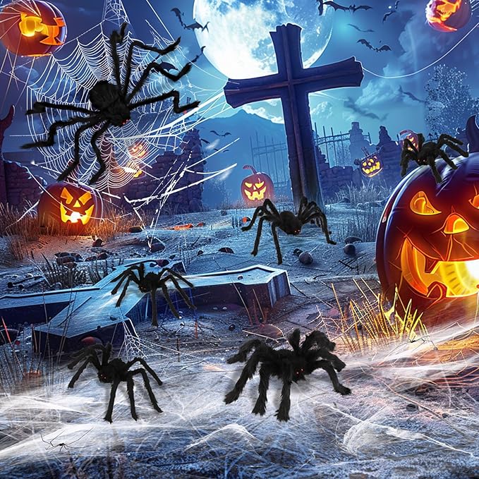 Halloween Spider Decorations, 6 Pack Giant Spider Outdoor Decorations Set, Scary Hairy Realistic Large Spider Props for Indoor, Outdoor and Yard Party Creepy Decor