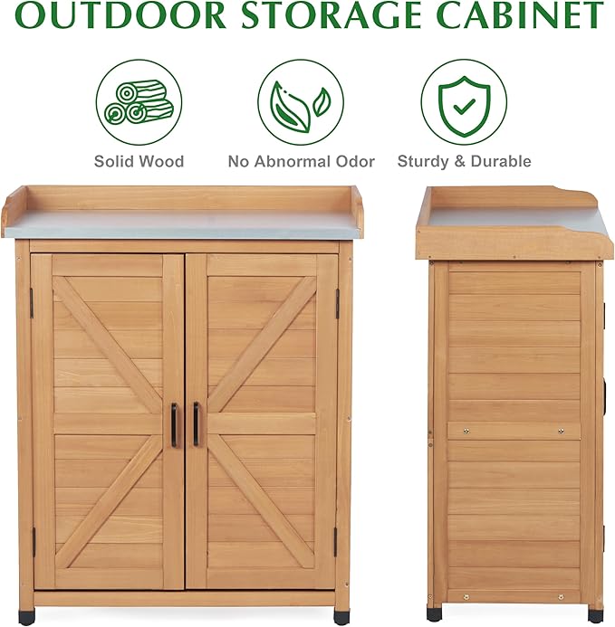 Outdoor Storage Cabinet & Potting Bench Table with Metal Top (Light Brwon, 39x31.5x17in)