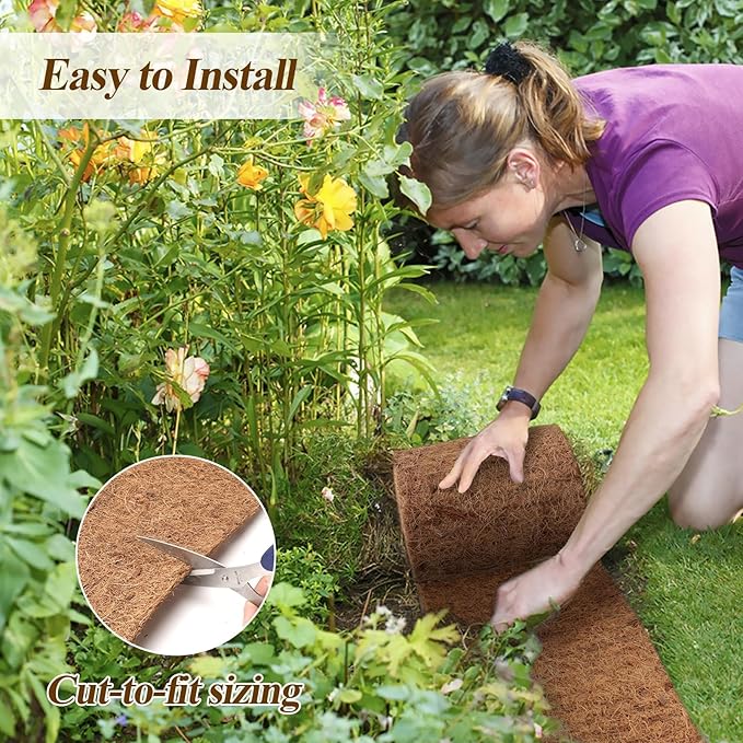 Natural Mulch Roll for Landscaping 240" X 6.3" Coconut Fiber Liner Mulch Mat with 32 U-Shaped Steel Stakes, Thick Mulch Roll for Garden Edging Border, Coconut Liners for Planters, Vegetables & Flowers