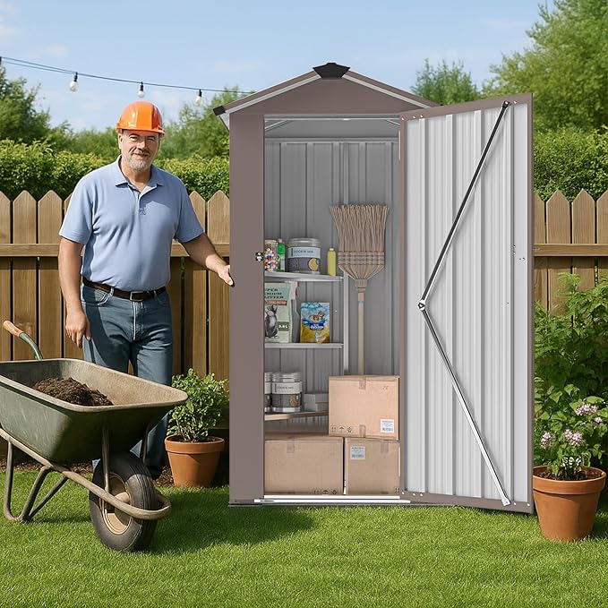 2.5x1.4 FT Heavy-Duty Brown Metal Storage Shed–Lockable Small Tool Shed with Adjustable Shelves Garden Sheds & Outdoor Storage, Tool Shed Outdoor Storage in Garden, Backyard, Patio, Poolside