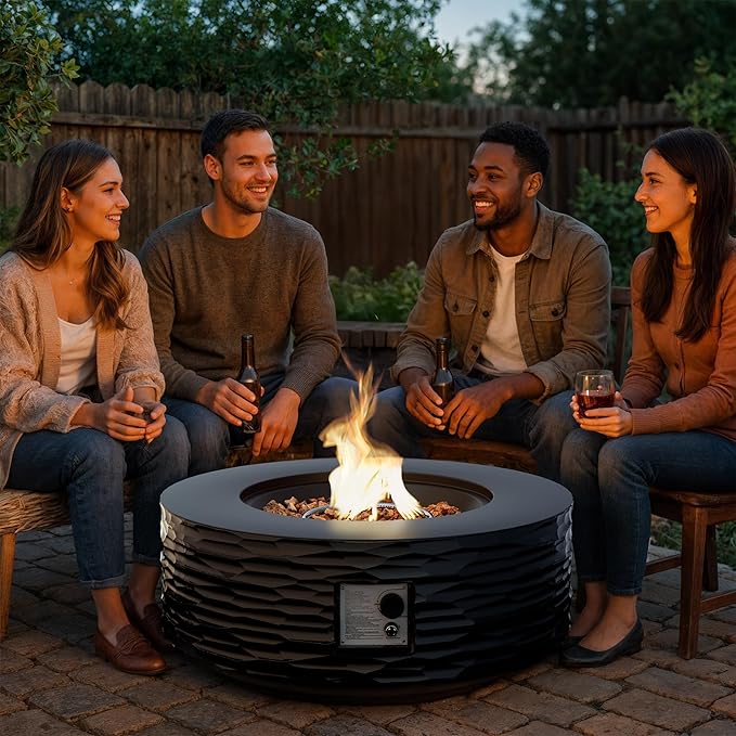 Round Fire Pits, 35 in Round Outdoor Propane Gas Fire Pit Table, 50000 BTU FirePit for Outside Patio with Rain Cover, Lava Rocks for Backyard & Deck, Black