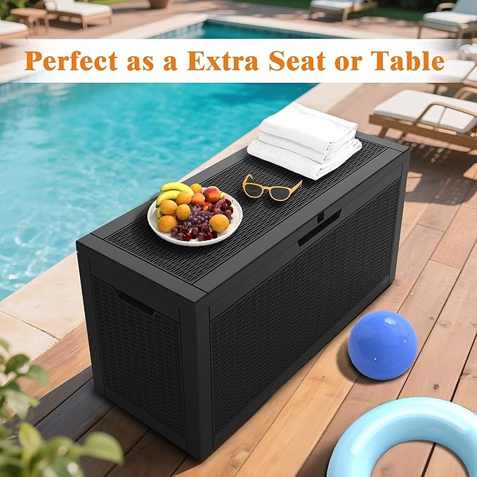 60 Gallon Outdoor Storage Box, Waterproof Deck Box with Handles and Lockable Lid, Resin Patio Storage Box with Hydraulic Rods for Garden Tools, Cushions, Black