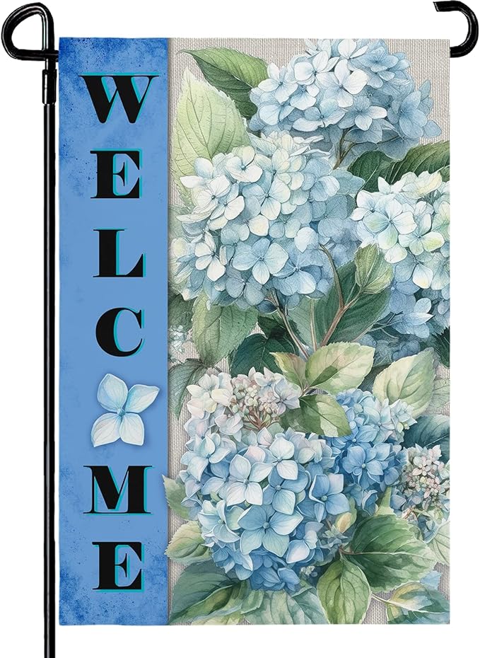Hydrangea Garden Flags Welcome Spring Summer Yard Flag Waterproof Blue Floral Garden Flag for Outside Double Side Burlap Flowers House Banner Decor Standard Size 12×18 Inch