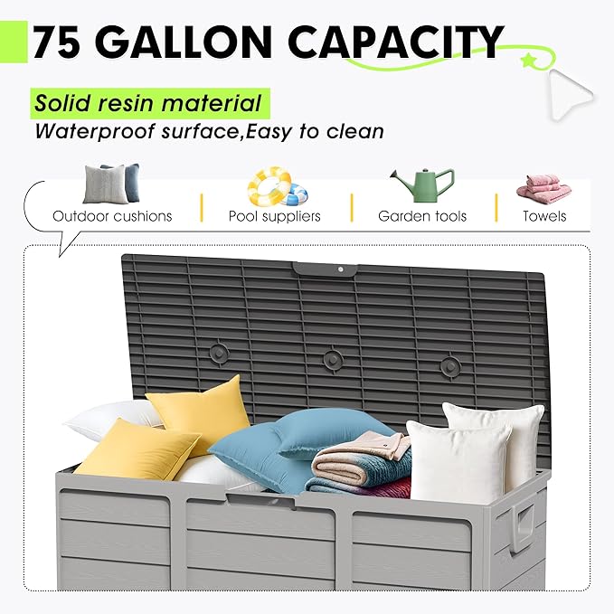 75 Gallon Outdoor Deck Box - Durable Resin Storage with Lockable Lid, for Patio Furniture Cushions, Pillows (Grey)