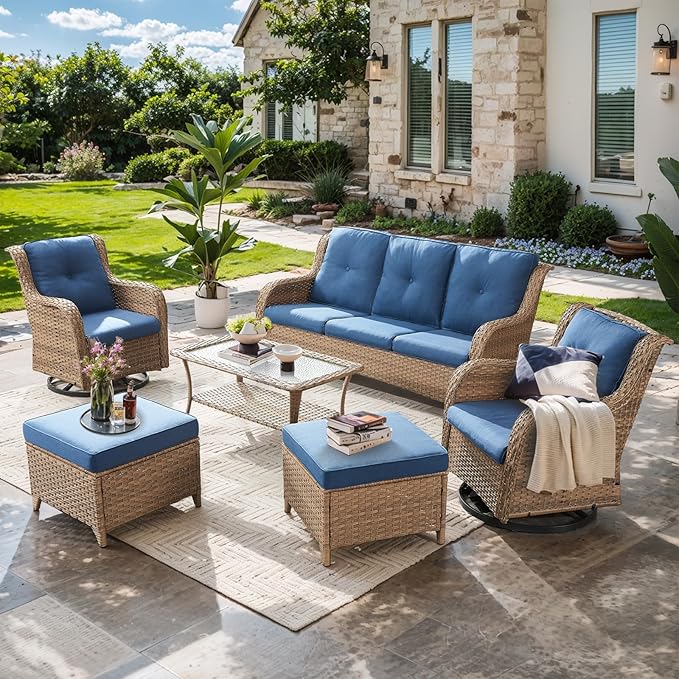 Wicker Outdoor Conversation Set-6 Pieces Outdoor Wicker High Back Couch with Swivel Rocker Chairs Patio Furniture for Deck Poolside Backyard-Yellow/Blue