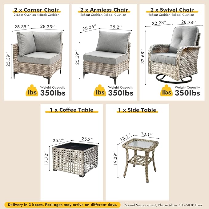 Outdoor Sectional Patio Furniture Set with Swivel Rocking Chairs and Glowing Table,8 Pieces Wicker Conversation Sets L Shaped Couch Out Door Sofa Outside Furniture for Garden Deck Yard Porch,Dark Grey