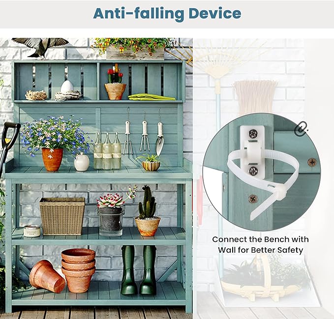 Merax 65" Large Wooden Farmhouse Rustic Outdoor Potting Bench Table with 4 Storage Shelves and Side Hook, Patio Workstation, for Garden, Backyard, Green