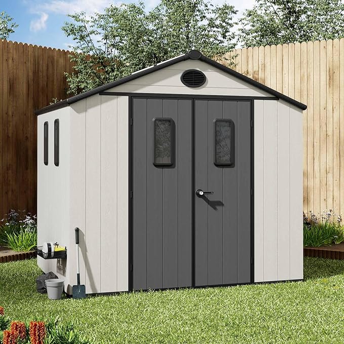 8' x 6' Outdoor Resin Storage Shed with Floor,Galvanized Metal Waterproof Garden Shed with Lockable Door, Windows, Vents, Plastic Tool, Bike Storage for Patio Furniture, Lawn Mower