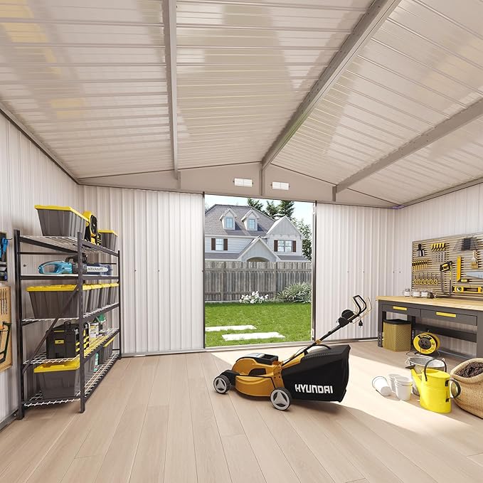 Aoxun 12x10 FT Shed Outdoor Storage Shed with Spacious Doors, Large Shed Steel Utility Tool Shed Storage House with Door & Lock, Metal Sheds with Sloped Roof for Garden Patio Lawn Poolside, Brown