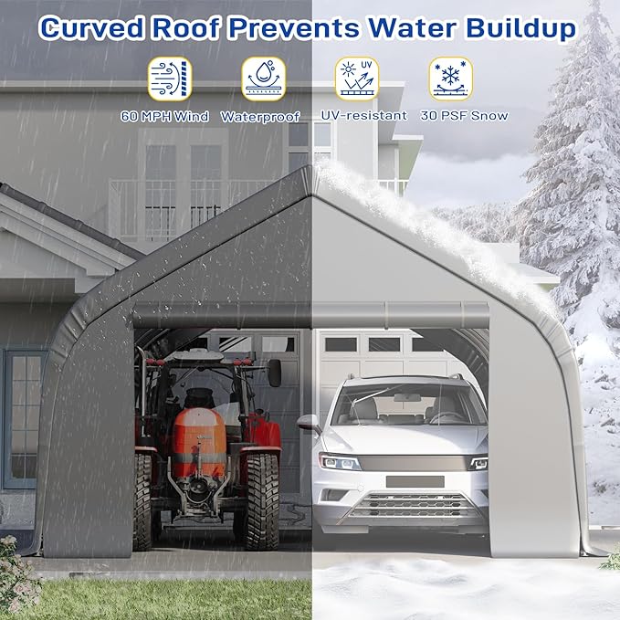 EROMMY 20x20 FT Heavy Duty Durable Carport, Galvanized Steel Frame Garage Shelter and Outdoor Storage, Waterproof 3-Layer PE Cover, Fits 2 Cars, Boat, Farm Equipment, Silver Gray