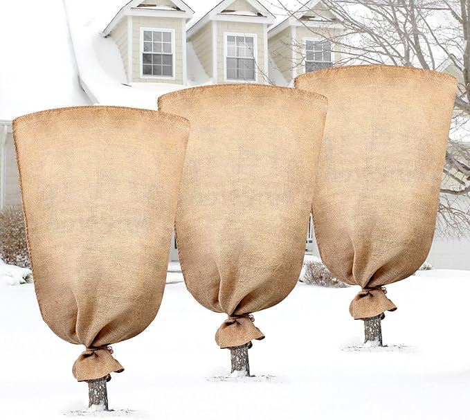 Legigo 3 Pack 32 X 40 Inch Burlap Plant Covers Freeze Protection Bags, Winter Plant Frost Covers with Drawstring, Reusable Tree Covers Burlap Frost Cloths Protection for Outdoor Plants Shrubs Fruit