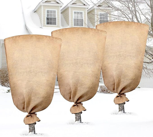 Legigo 3 Pack 32 X 40 Inch Burlap Plant Covers Freeze Protection Bags, Winter Plant Frost Covers with Drawstring, Reusable Tree Covers Burlap Frost Cloths Protection for Outdoor Plants Shrubs Fruit