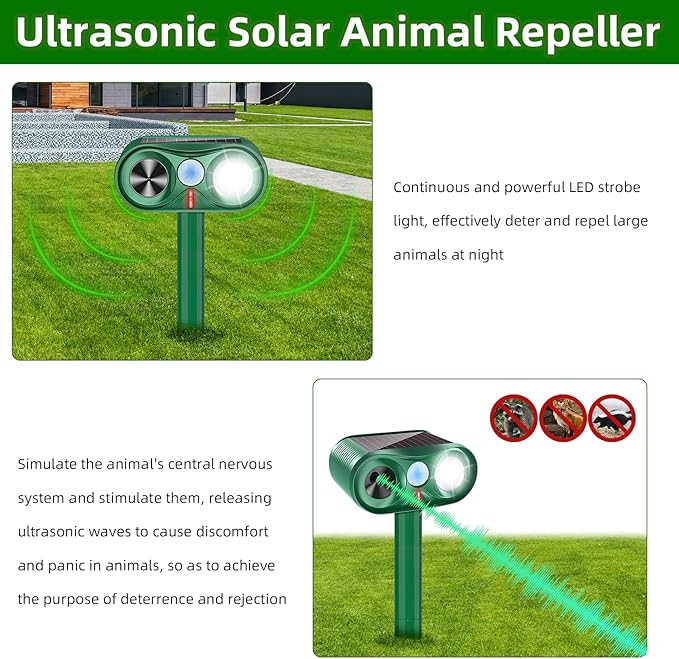 4Pack Solar Ultrasonic Animal Repellent,2025 Waterproof Deer Repellent Device with LED Flashing Lights,Cat Repellent Outdoor with Motion Detection Squirrel Skunk Rabbit Dog Raccoon Repeller for Yard