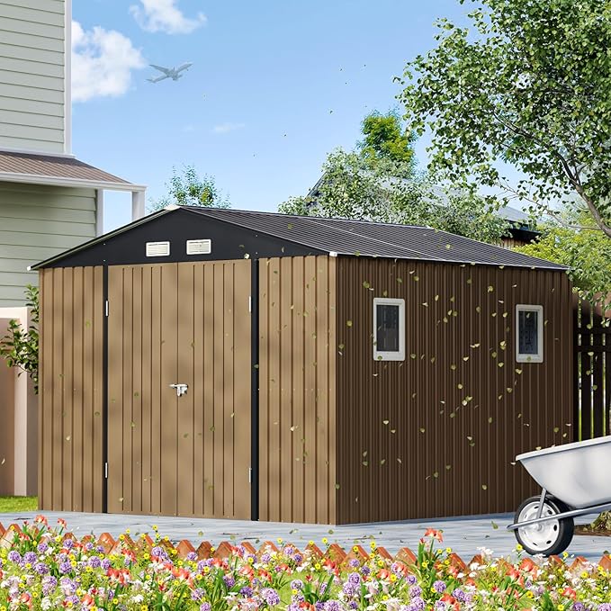 10X10X7.5 FT Outdoor Steel Storage Shed with Lockable Doors, 2 Windows, Frame Floor (No Wood/Other Boards), Ideal for Garden, Backyard, Patio Storage,Brown