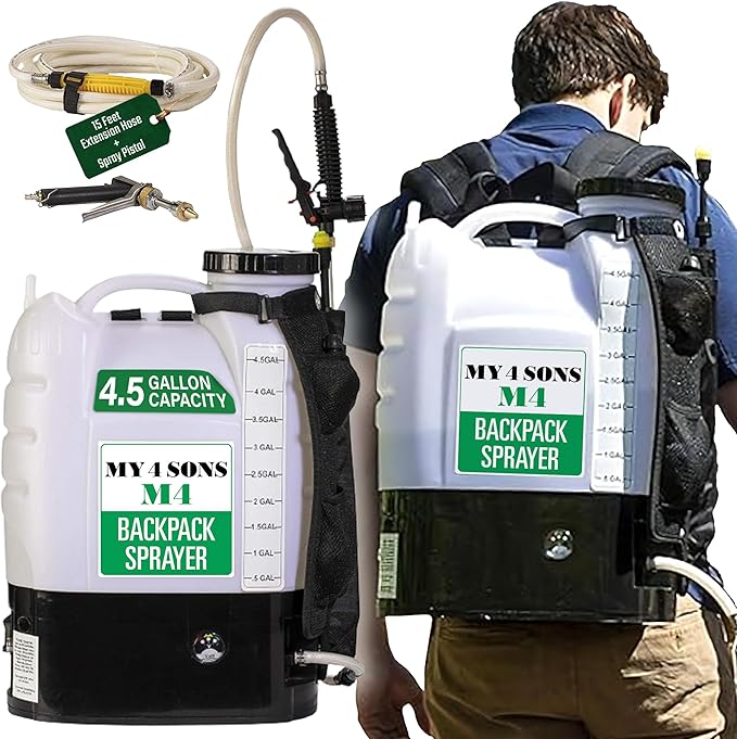 Backpack Sprayer - MY4SONS M4 4-Gallon Battery Powered – Electric Sprayer for Lawn, Garden, Yard, Plants, Watering, Long Range, Portable Pump, Adjustable Nozzle - 15ft Extension Hose & Spray Pistol