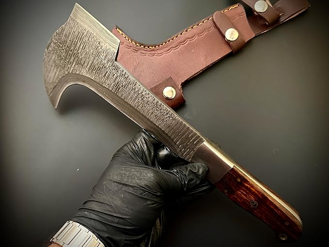 Hand Forged Damascus Steel Machete Billhook Sickle Knife | Yard Work | Machete for Cutting Trees | Brush Clearing Garden Tools | Leather Cover | Belt Loop