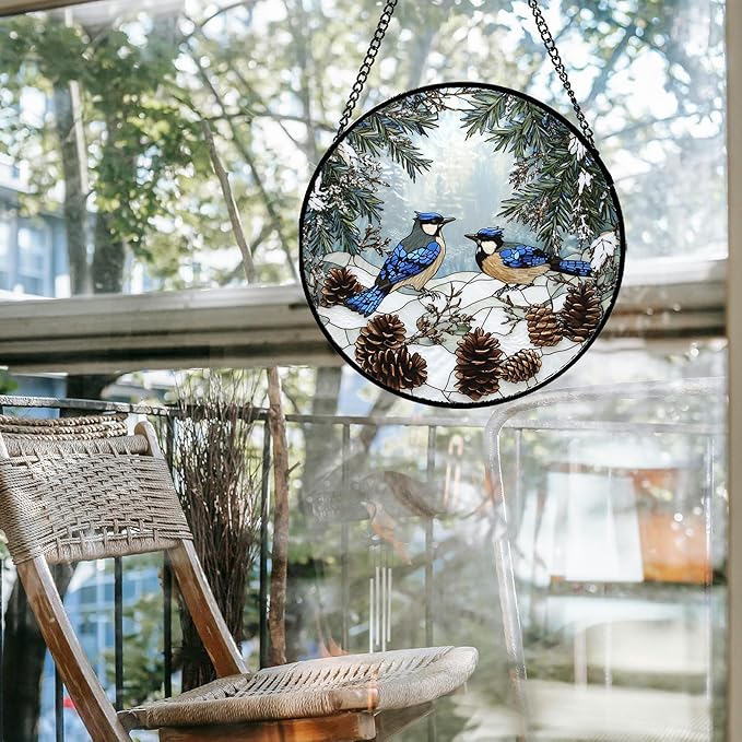 Stained Glass Window Hanging - Blue Bird Winter Forest Landscape Suncatcher for Door Garden Yard Sun Catchers Decor Christmas Mother's Day Birthday Gifts for Women Mom Nana Friend 7.8 in
