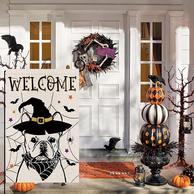Halloween Garden Flag French Bulldog Cobweb Bats Double Sided Vertical Welcome Flag Holiday Outdoor Yard Lawn Decorations 12.5 x 18 Inch