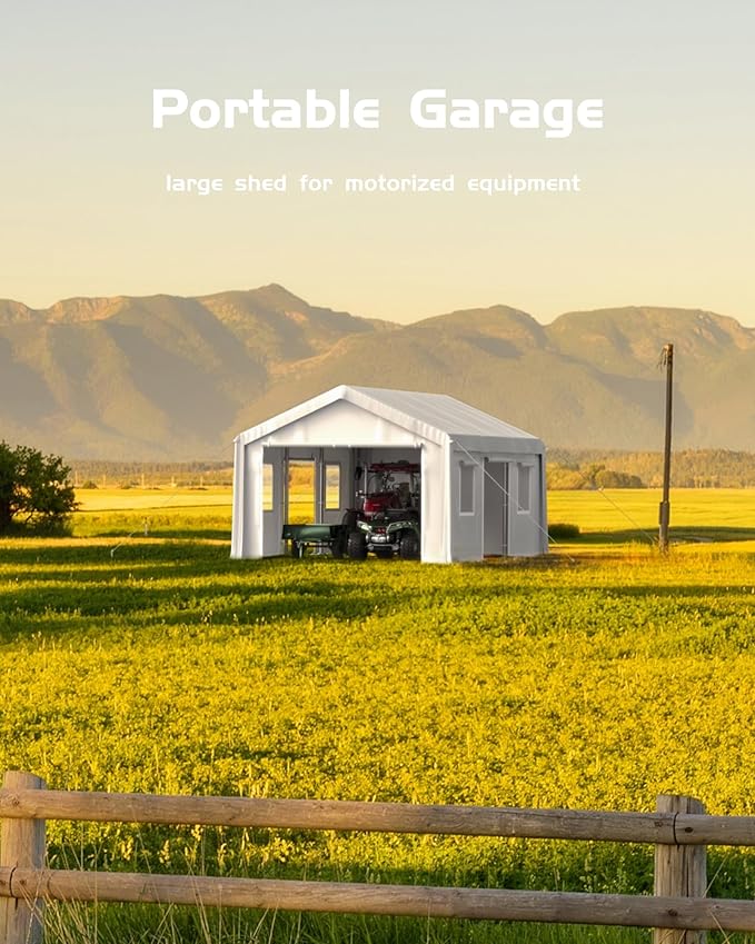 13 x 20 x11 Ft Heavy-Duty Carport, Portable Garage, 180g PE Waterproof Canopy and 8 x 1.0 mm Poles for Full-Size Pickup Trucks, Boats, and SUVs - White
