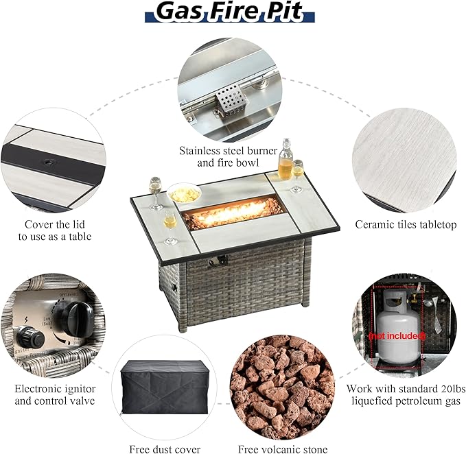 HOOOWOOO 9 Piece Modular Patio Outdoor Sectional Furniture Set with Large Propane Fire Pit Table,Wicker Conversation Sofa Set with Swivel Chairs,Outside Couch Set(Navy Blue)