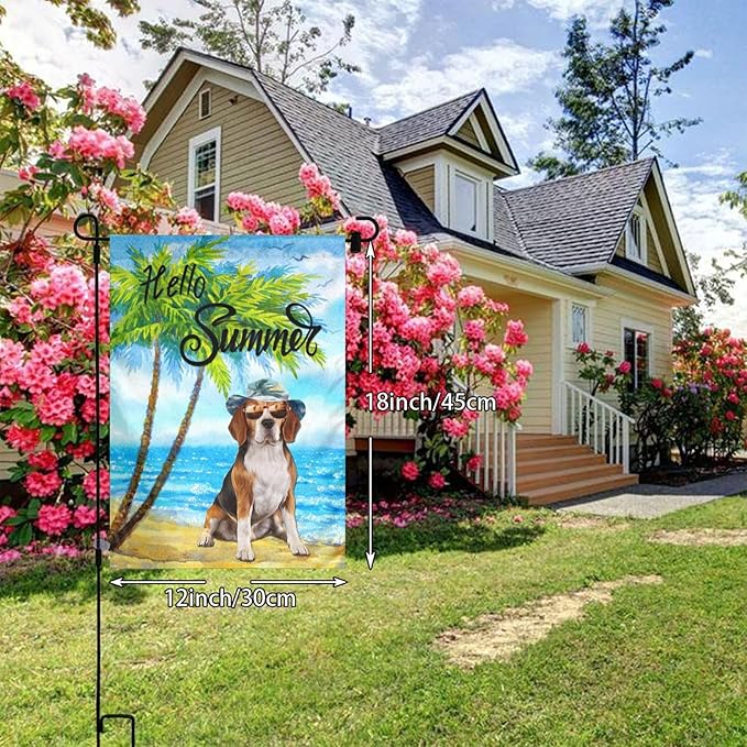 Beagle Dog Summer Summer Beach Palm Trees Tropical Garden Flag Welcome Party Outdoor Outside Decorations Picks Home House Garden Yard Decor 12x18 Inch