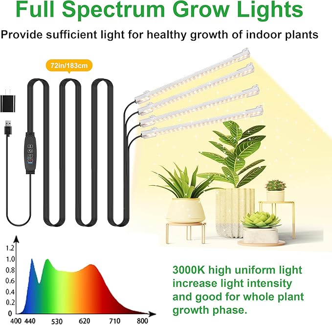 Four Head 8.6 Inches LED Grow Light Strips, Grow Lights for Indoor Plants Full Spectrum 3000K, 104 LEDs Plant Light with 10 Dimmable Levels, 3/9/12H Timer for Seedling Succulent and Plant Shelf