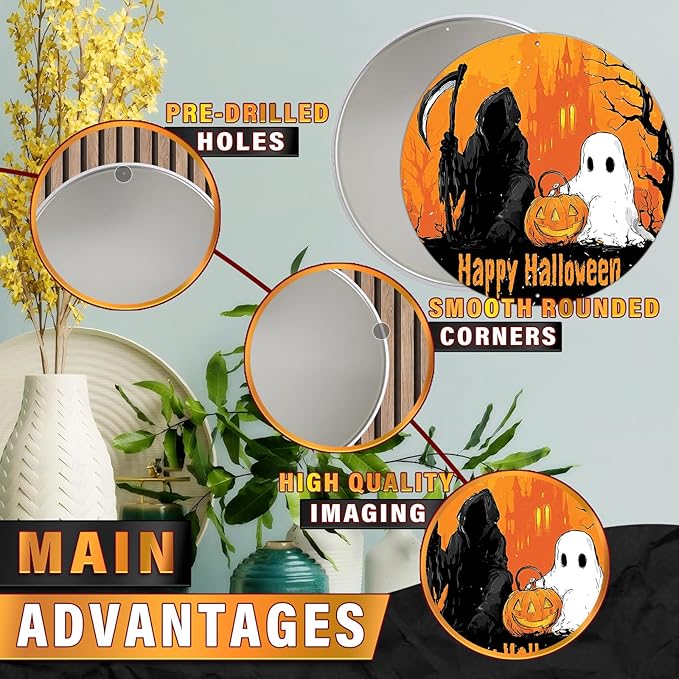 PEACHGARDEN Happy Halloween Round Metal Tin Sign Gothic Decor Vintage Wall Art Retro 12x12inch