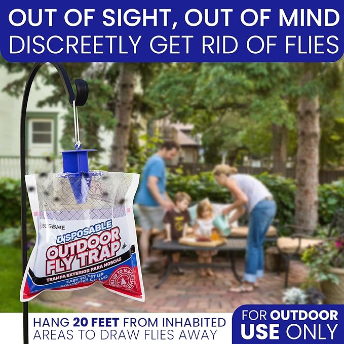 Fly Traps Outdoor Fly Trap for Patio. 4 Non-Toxic Pre-Baited Flies Bags Outdoor Disposable. Hanging Bug Catchers for All Filth Flies Killer for Outside Bug Control in Yard Horse Ranch Trash Can