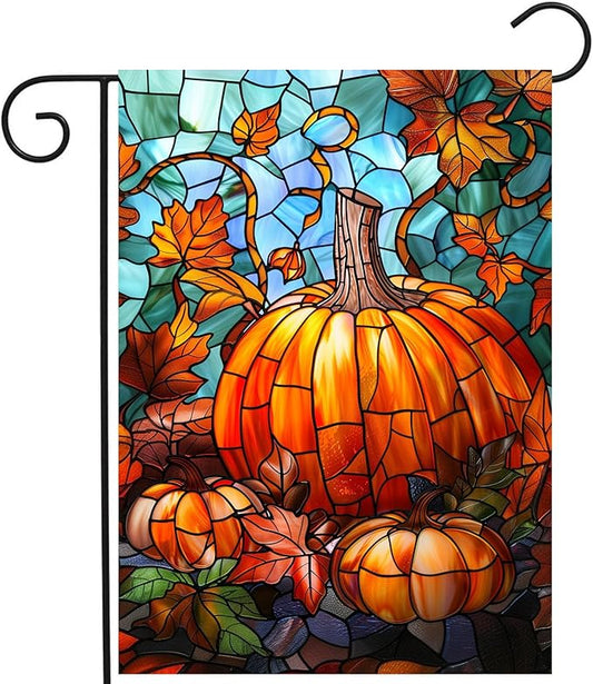 Pumpkin Fall Garden Flag Autumn Yard Flag Stained Glass Thanksgiving Outdoor Flag 12x18 Double Sided Small Harvest Flag for Outside Porch Lawn Decor