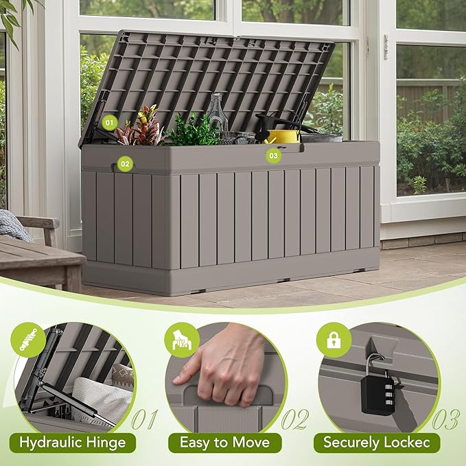 Devoko 78 Gallon Deck Box, Waterproof Resin Outdoor Storage Box for Outside and Patio, Outdoor Storage Bench Lockable for Patio Furniture, Garden Tools and Pool Supplies (Light Brown, 78 Gallon)