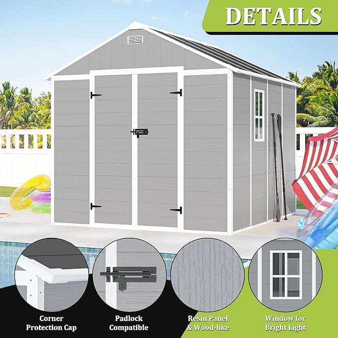 Outdoor Storage Shed 8x8 FT, Resin Shed with Floor & Window, Lockable Door, Vents, Outside Sheds & Garden Shed for Patio Furniture, Gardening Tools, Pool Equipment (Grey, 8 * 8ft)