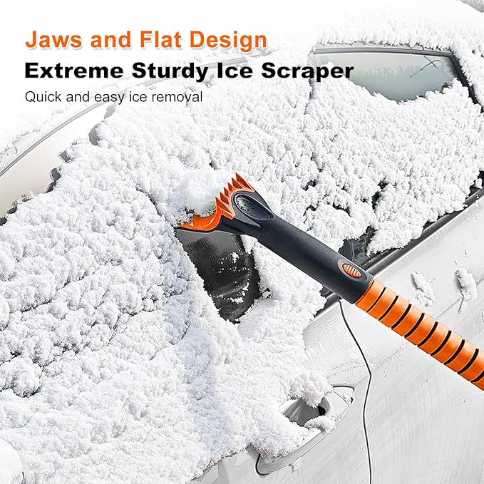 SEAAES 56 Inch Truck Snow Brush Scraper Long Handle, Heavy Duty Extendable Snow Broom for SUV, Windshield Ice Scraper with Foam Grip for Car Automobile Vehicle Window - Orange