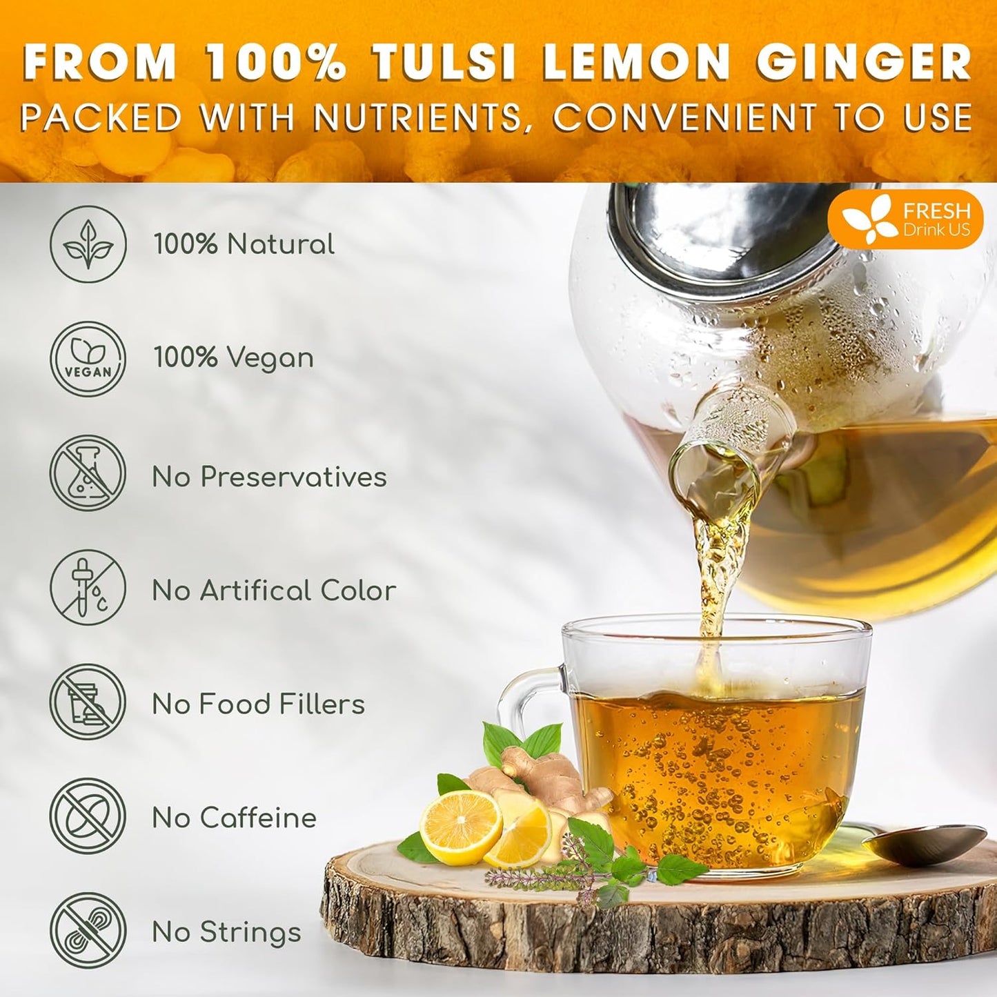 FreshDrinkUS, Premium 35 Tulsi Lemon Ginger Tea Bags, 100% Natural & Pure from Tulsi Holy Basil Leaves, Lemon and Ginger. Made with Natural Material Tea Bags. No Sugar, No Caffeine, Vegan.