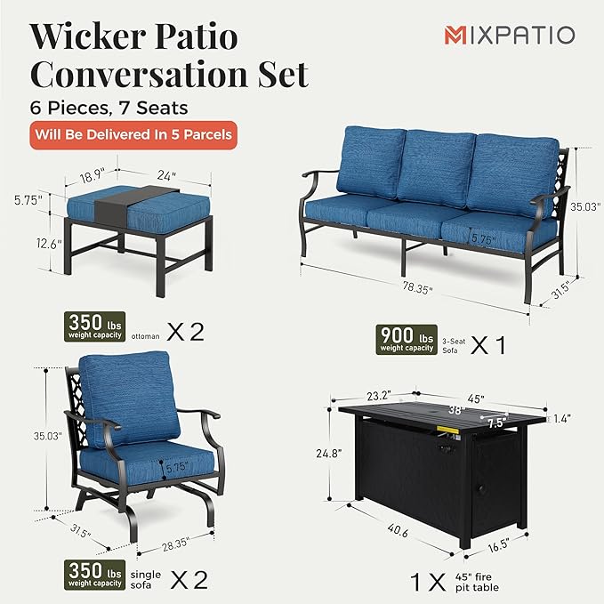 Patio Furniture Set, 6 Pcs Metal Outdoor Conversation Set, 2 Rocker Chairs, 2 Ottomans and 3 Seater Sofa with 5.75" Extra Thick Cushion and Gas Fire Pit Table, Gemstone Blue