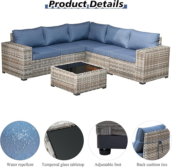 HOOOWOOO Modular Patio Outdoor Sectional Furniture Set,6 Piece Wicker Conversation Sofa Set,Out Door Couch Set with Wide Arm for Outside All Weather(Denim Blue)