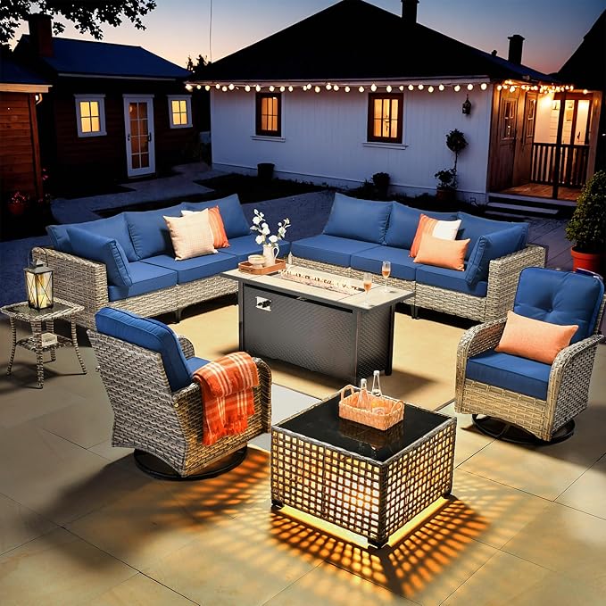 HOOOWOOO Outdoor Patio Furniture Set with Fire Pit Table,11 Pieces Wicker Out Door Sectional Furniture L Shaped Couch,Outside Patio Conversation Sets Swivel Chair,Navy Blue