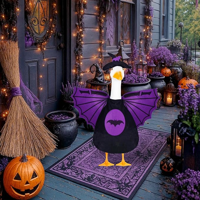 Halloween Bat Porch Goose Outfits 23inch Plastic Cement Goose Statue Costume, Fall Lawn Geese Sculpture Clothes for Garden Yard Patio Party Decoration
